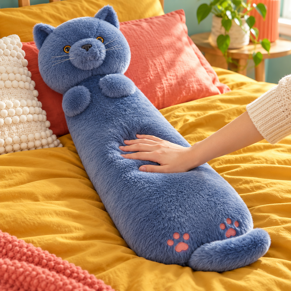 Close view of a hand gently pressing the blue gray cat Hug-Me body pillow on mustard bedding, showing its plush surface and embroidered pink paws.
