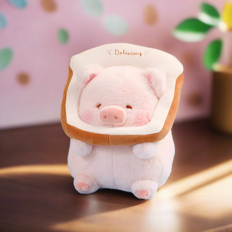 Plushie pig with bread on its head