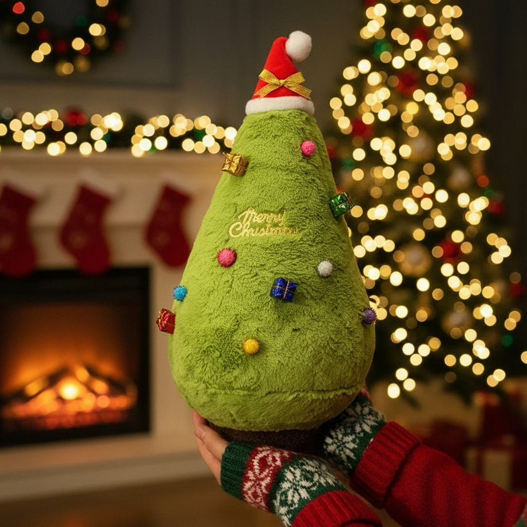 Green plush Christmas tree toy held by a person with festive background