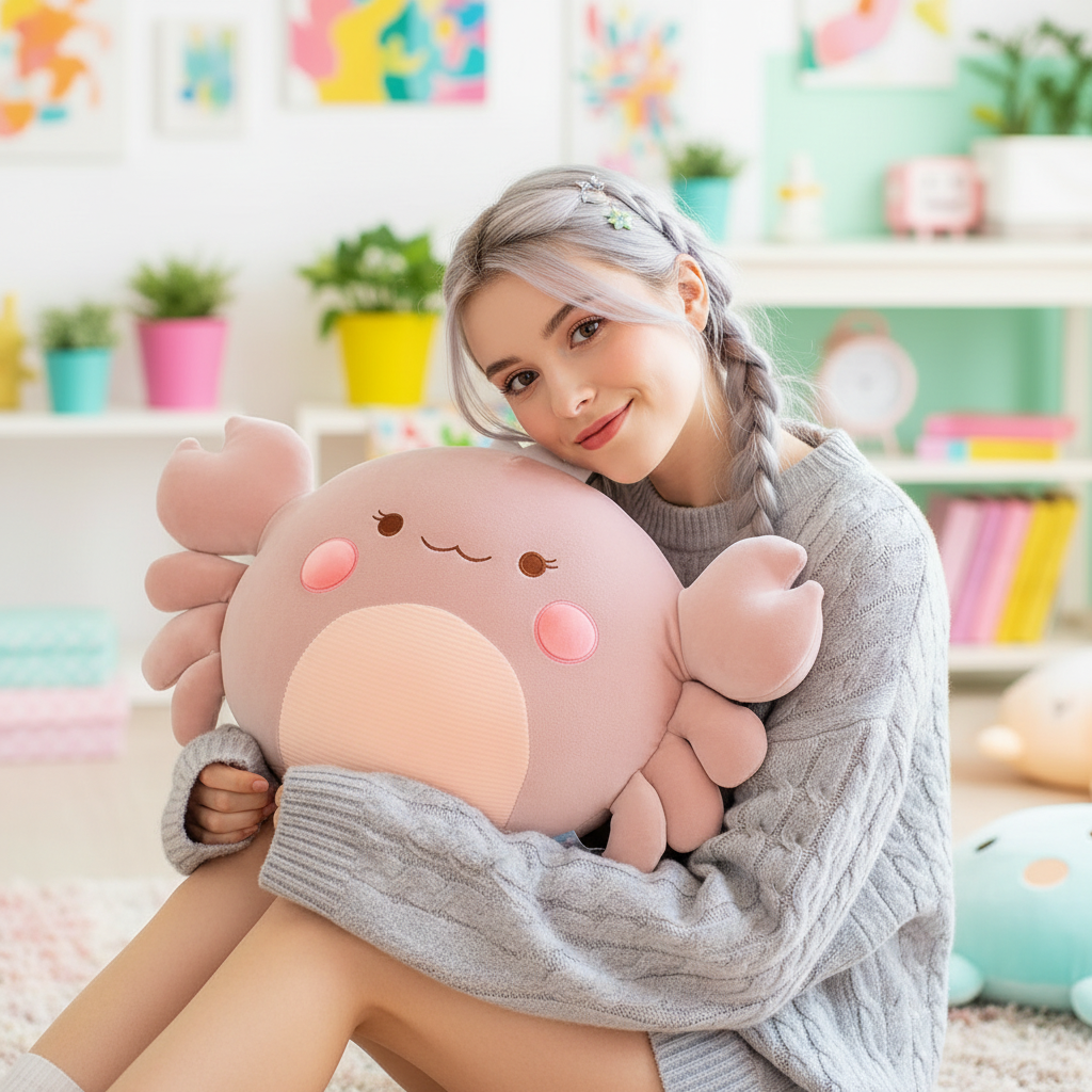 Woman holding a large pink plush toy in a colorful room