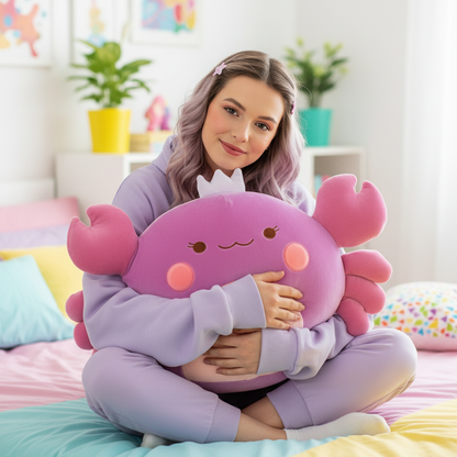 Person holding a pink crab-shaped pillow in a colorful room