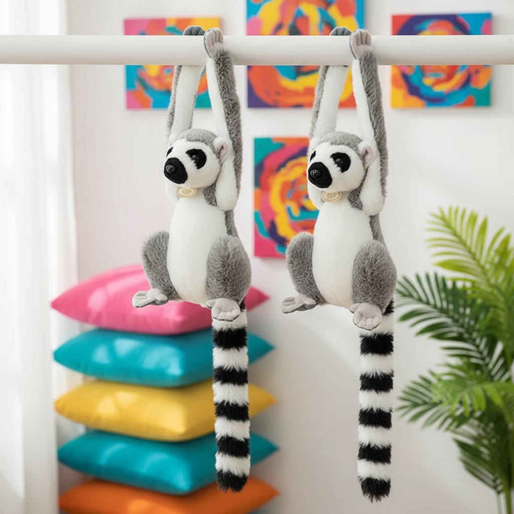 Two plush lemurs hanging from a bar with colorful pillows and abstract art in the background.