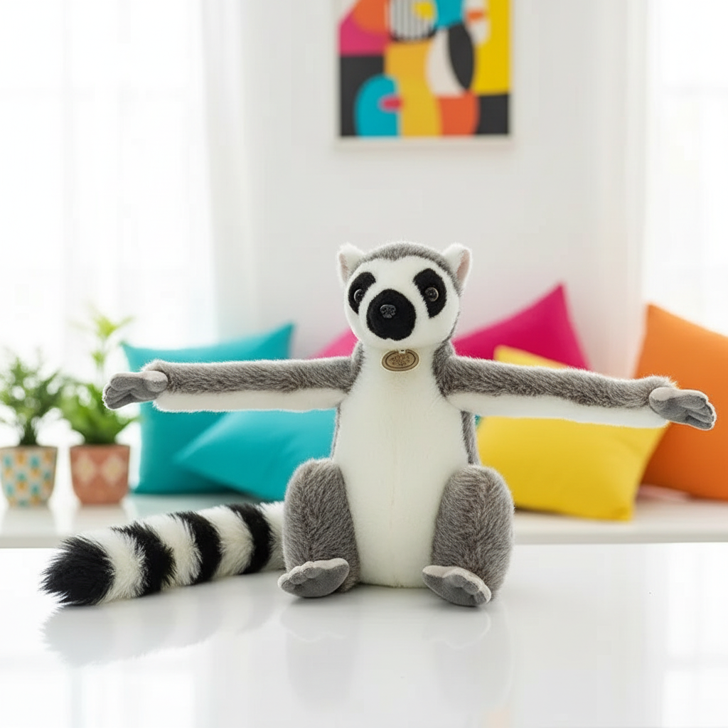 Plush toy lemur on a white surface with colorful pillows and a abstract painting in the background