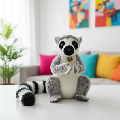 Plush toy lemur on a table with a colorful couch and plant in the background