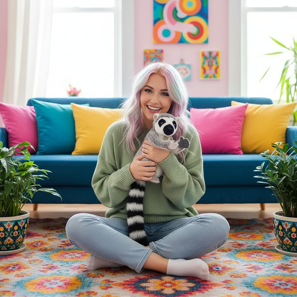 Woman holding a plush toy in a colorful living room