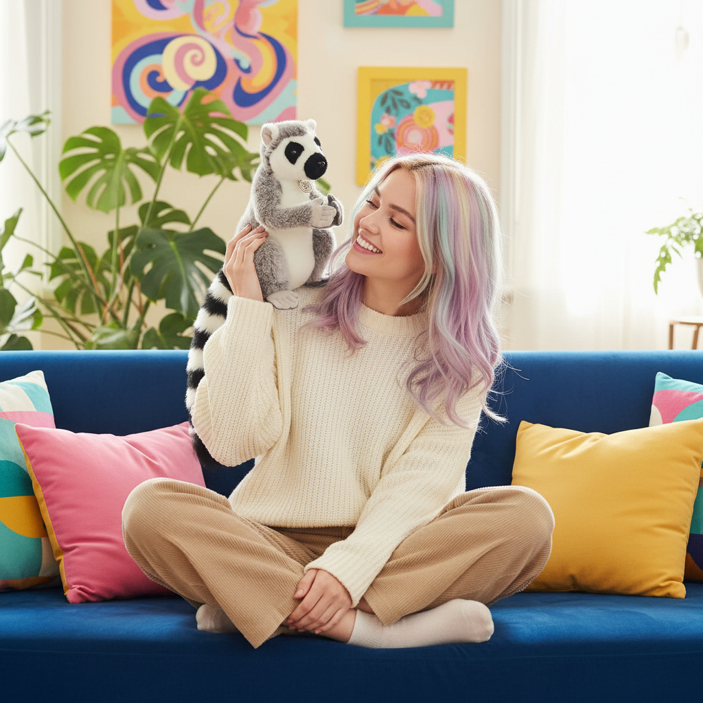 Woman with colorful hair sitting on a blue couch holding a plush toy, surrounded by colorful pillows and artwork.