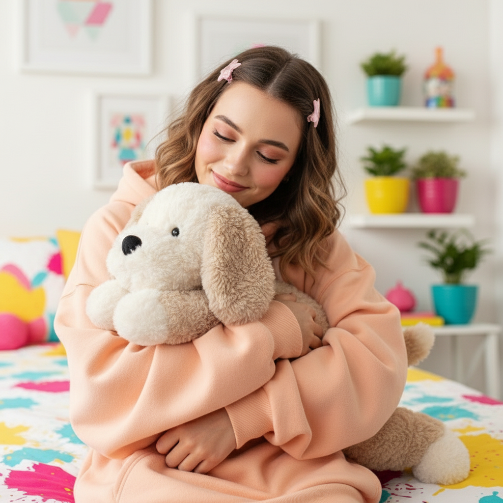 Woman in a peach robe holding a plush dog toy in a colorful room.