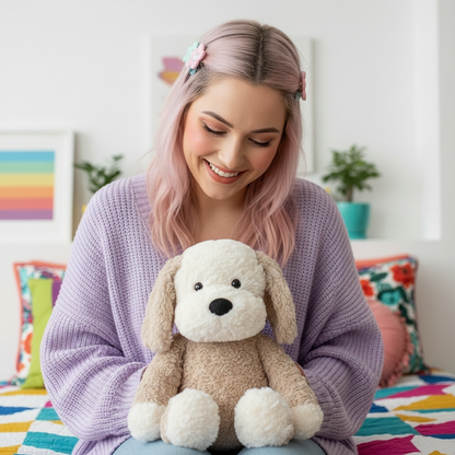 Woman holding a plush dog toy in a colorful room