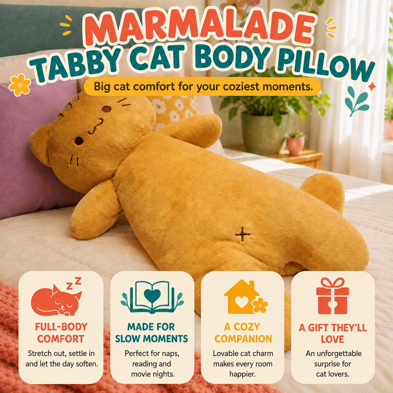 Marmalade Tabby Cat Body Pillow comfort and gift benefits