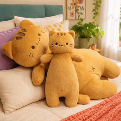 Marmalade Tabby Cat Body Pillows arranged together on a bed