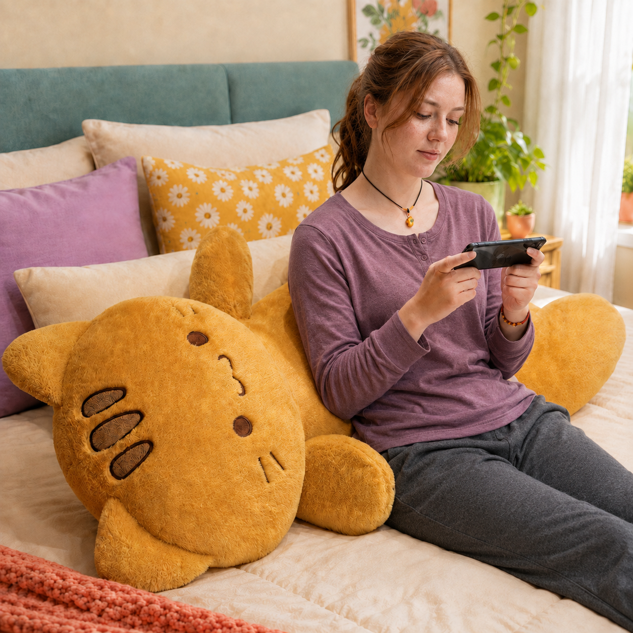 Woman gaming beside Marmalade Tabby Cat Body Pillow