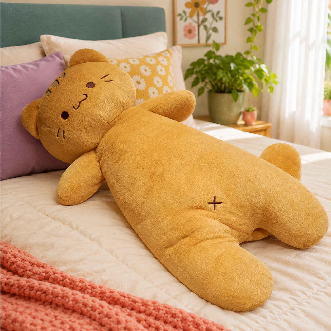 Marmalade Tabby Cat Body Pillow in a colorful bedroom