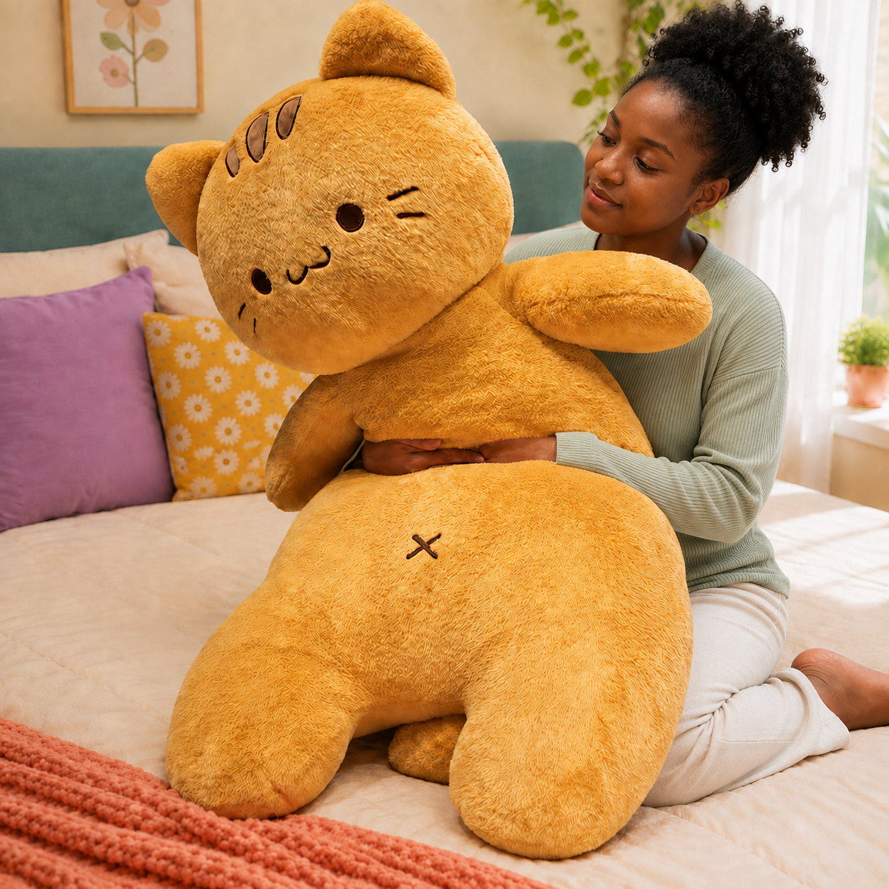 Woman hugging a four-foot Marmalade Tabby Cat Body Pillow