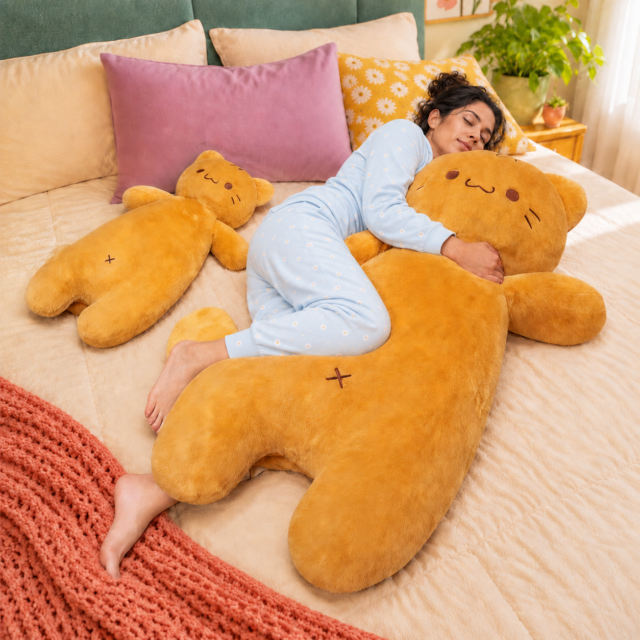 Woman napping with Marmalade Tabby Cat Body Pillow