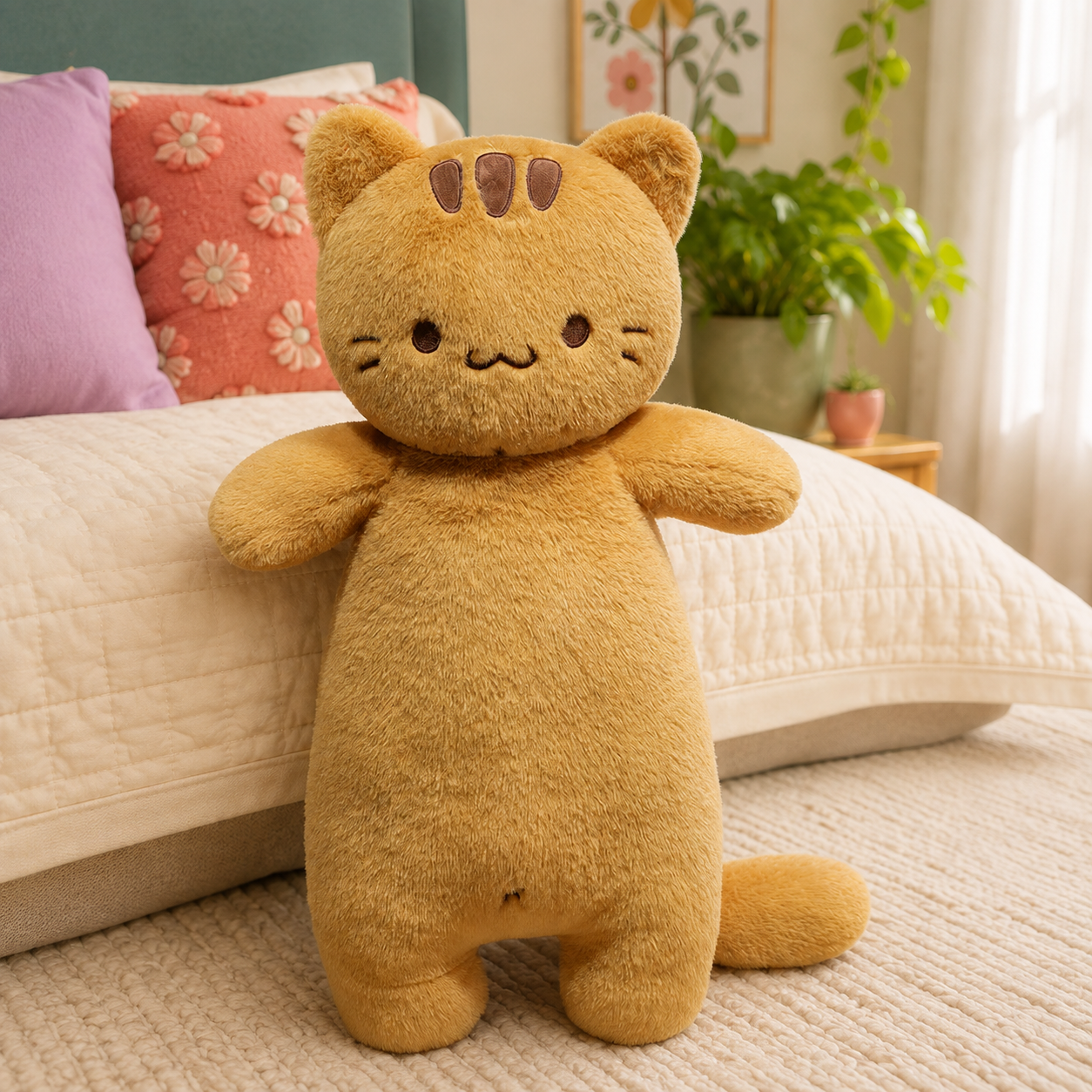 Upright Marmalade Tabby Cat Body Pillow with side tail
