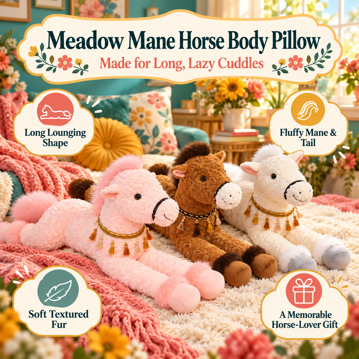 Meadow Mane Horse Body Pillow benefits including long lounging shape and soft fur