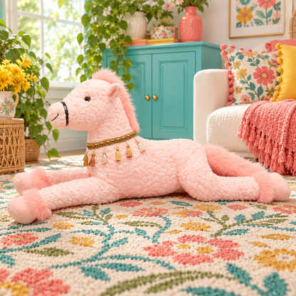 Blush Pink Meadow Mane Horse Body Pillow with fluffy mane and tassel collar