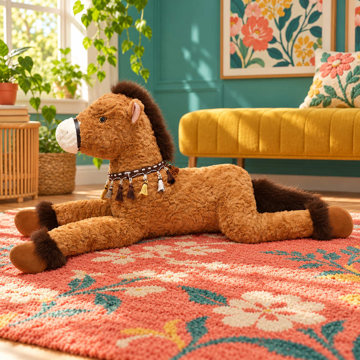 Chestnut Brown Meadow Mane Horse Body Pillow with dark mane and tassel collar