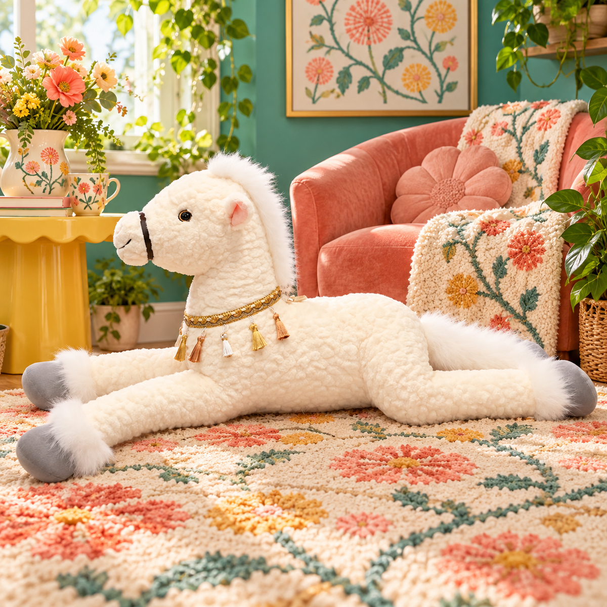 Cloud White Meadow Mane Horse Body Pillow with fluffy mane and gray hooves