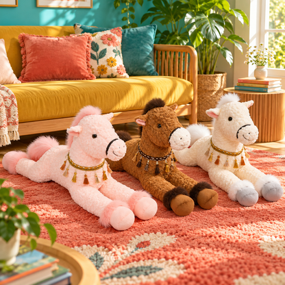 Cloud White, Chestnut Brown and Blush Pink horse body pillows together