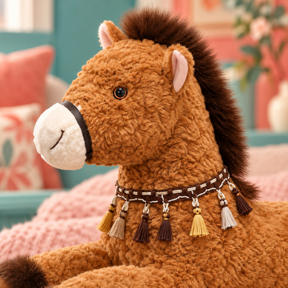 Close view of Chestnut Brown horse pillow face, textured fur and tassel collar