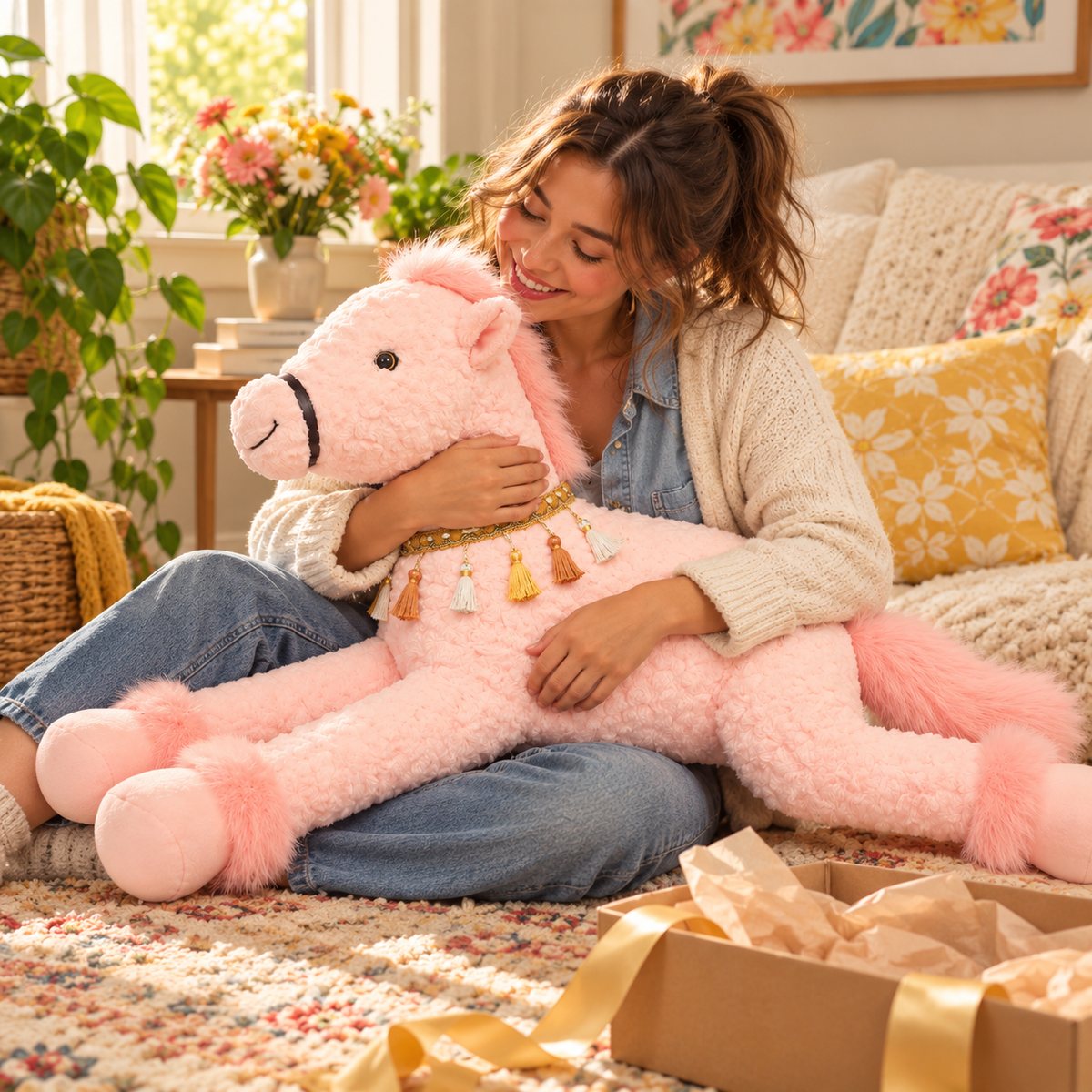 Woman hugging Blush Pink Meadow Mane Horse Body Pillow beside a gift box
