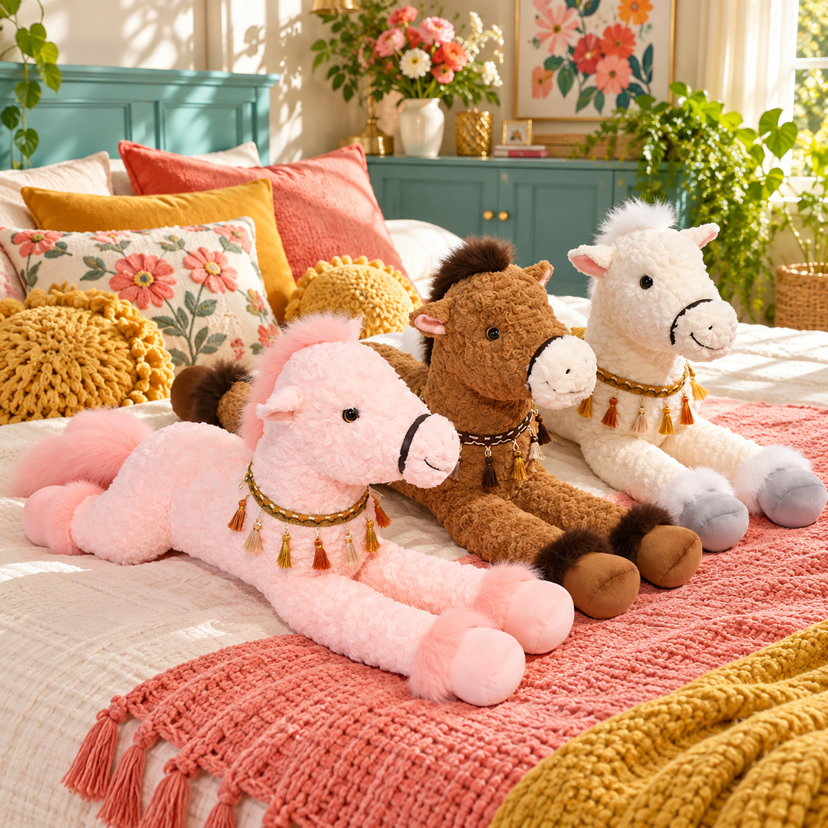 All three Meadow Mane Horse Body Pillows in a colorful Dandelion Vine room