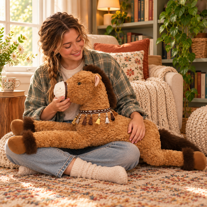 Horse lover lounging with Chestnut Brown Meadow Mane Horse Body Pillow