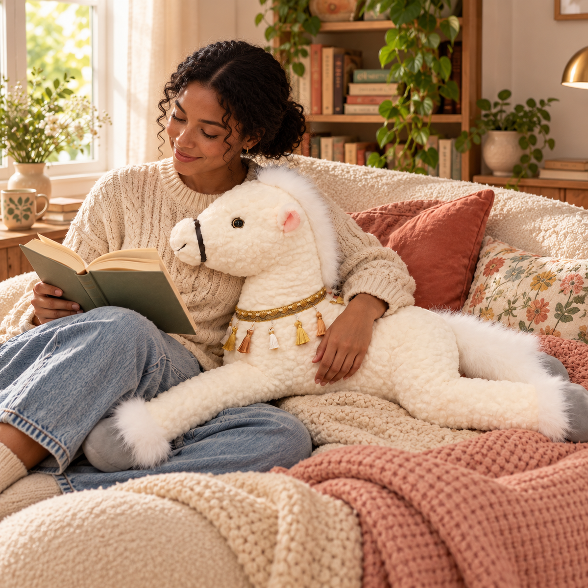 Woman reading with Cloud White Meadow Mane Horse Body Pillow