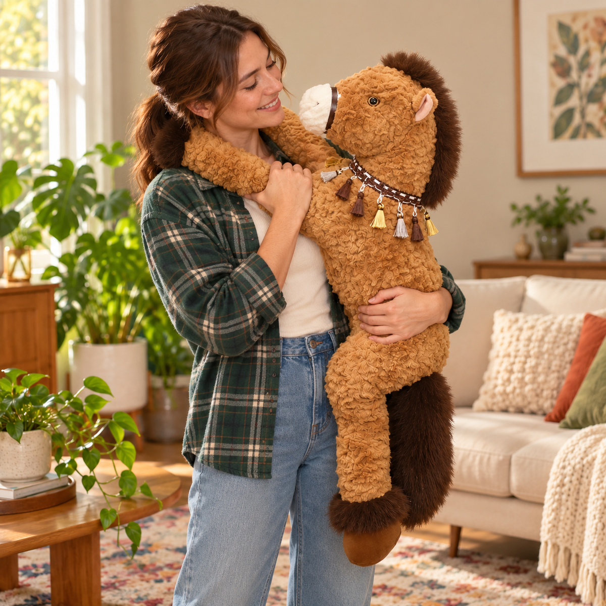 Adult holding a 90 cm Chestnut Brown Meadow Mane Horse Body Pillow for scale