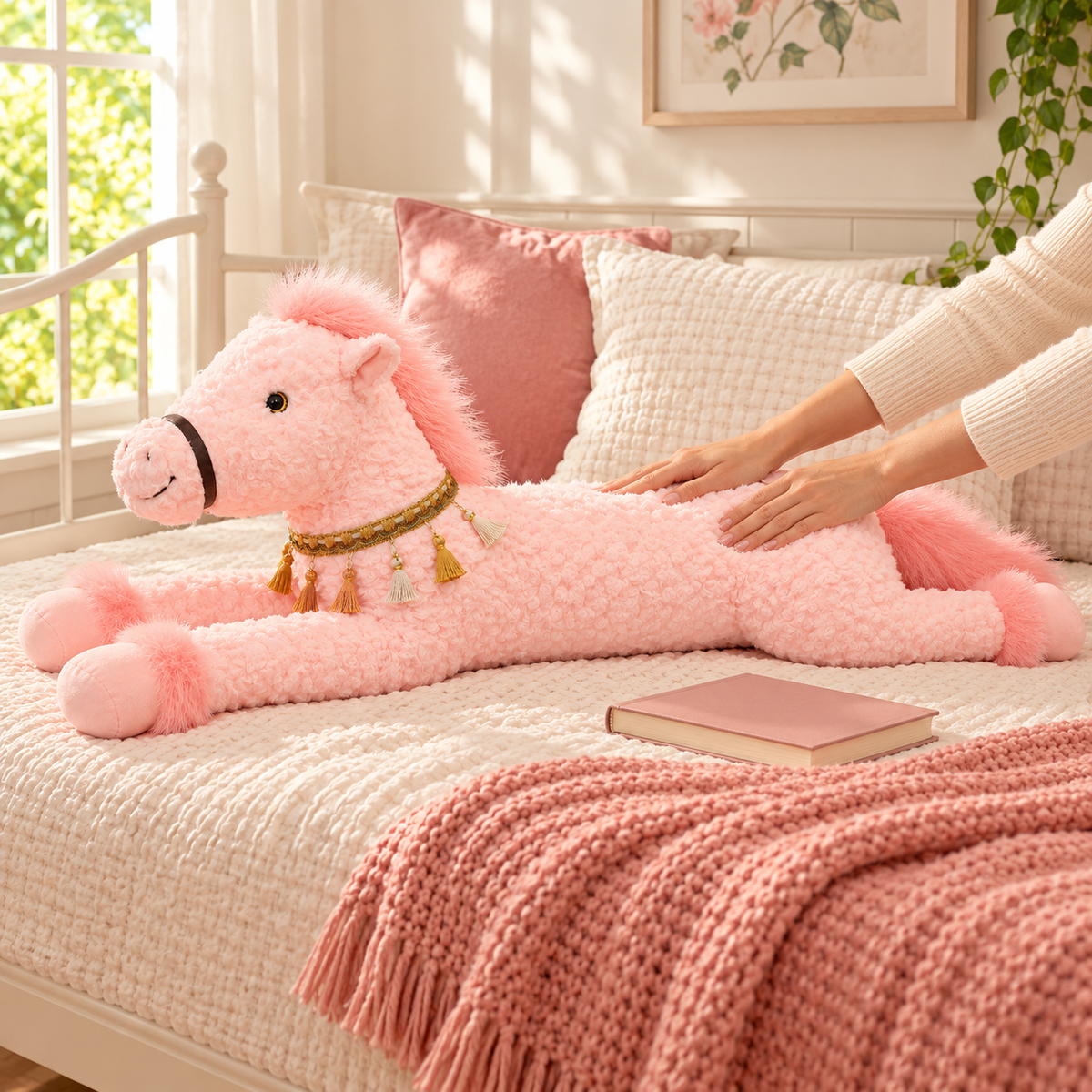 Blush Pink horse body pillow across a daybed with hands showing its soft texture