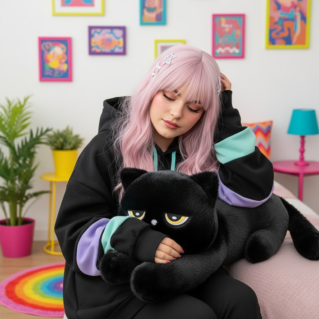 Person holding a large black cat plush toy in a colorful room.
