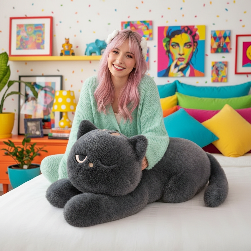 Woman holding a large plush cat in a colorful room with art on the walls.