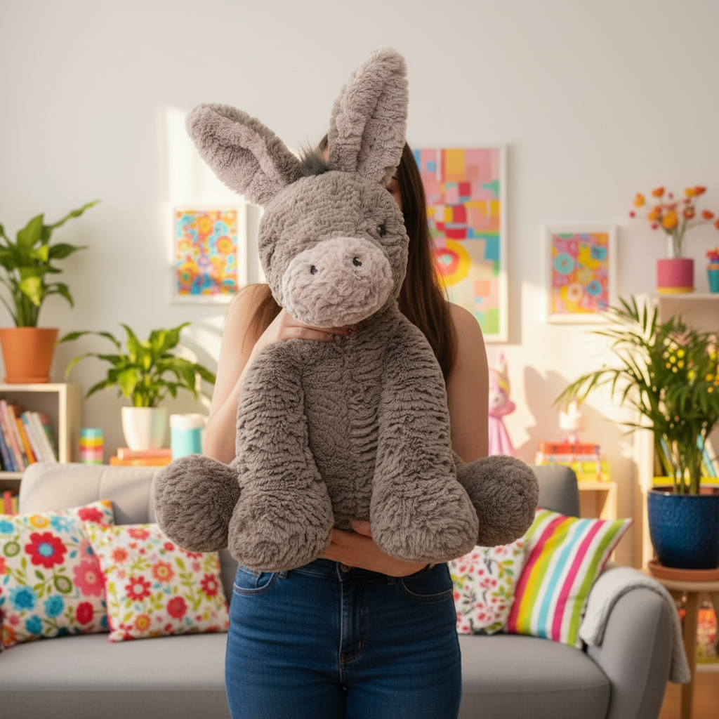 Woman holding a plush donkey in colorful living room setting