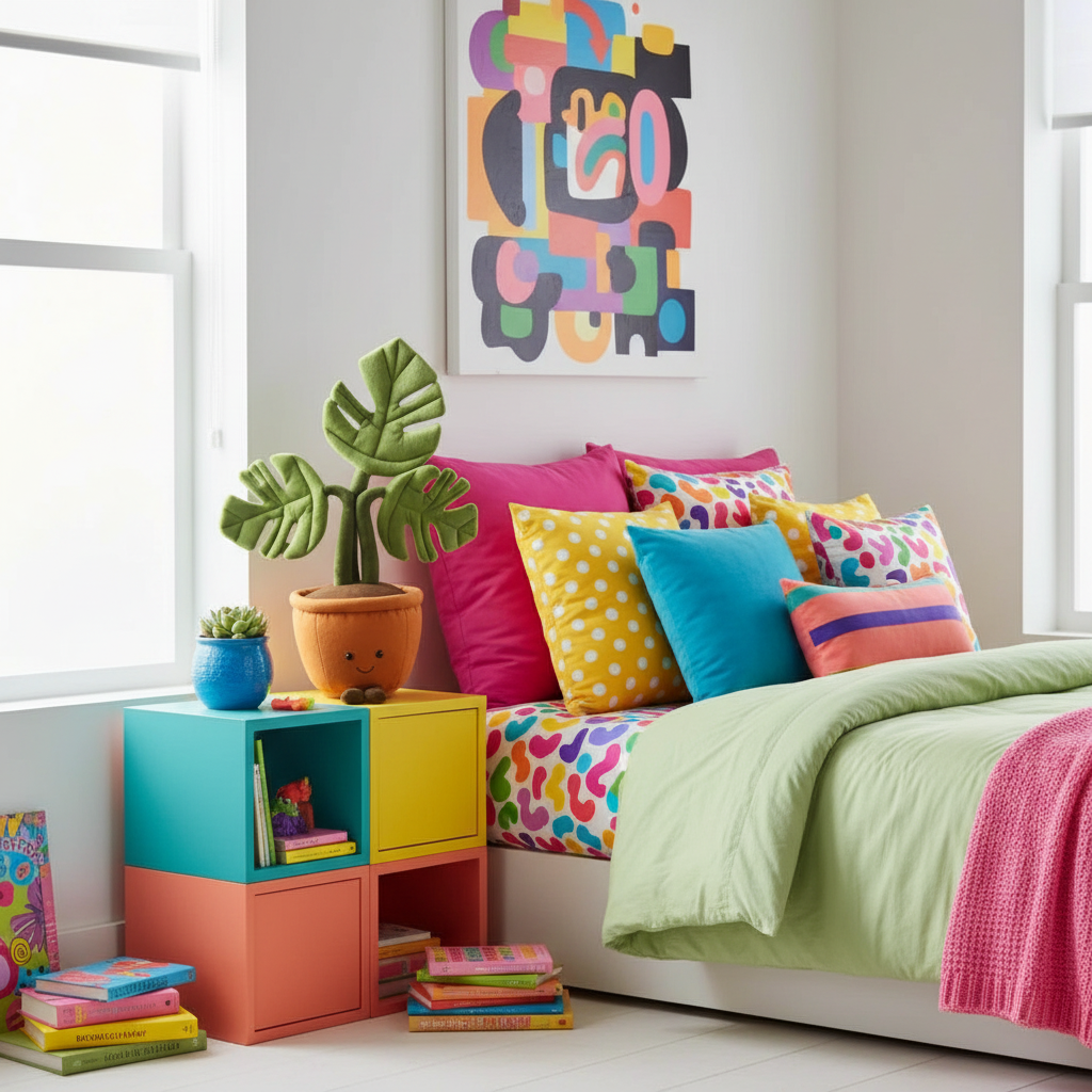 Colorful bedroom with a bed, bookshelf, plush plant, and abstract art on the wall.