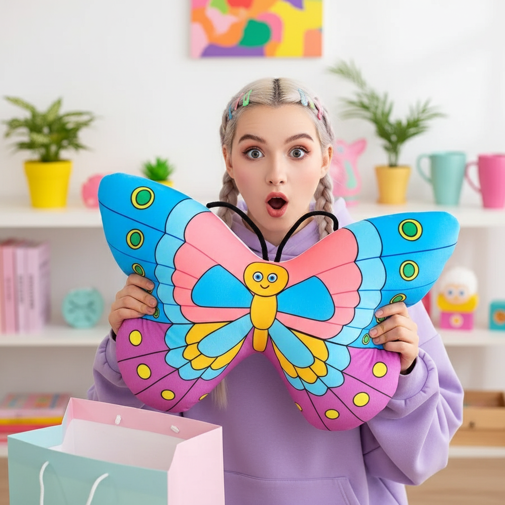 Person holding a colorful butterfly-shaped pillow in a room with shelves and plants.