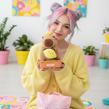 Person holding a plush toy in a colorful room with plants