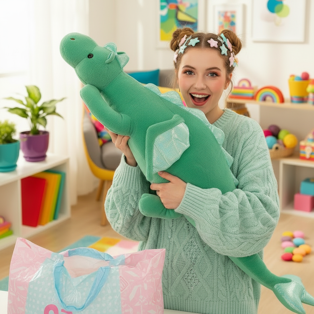 Woman holding a large green dinosaur plush toy in a colorful room.