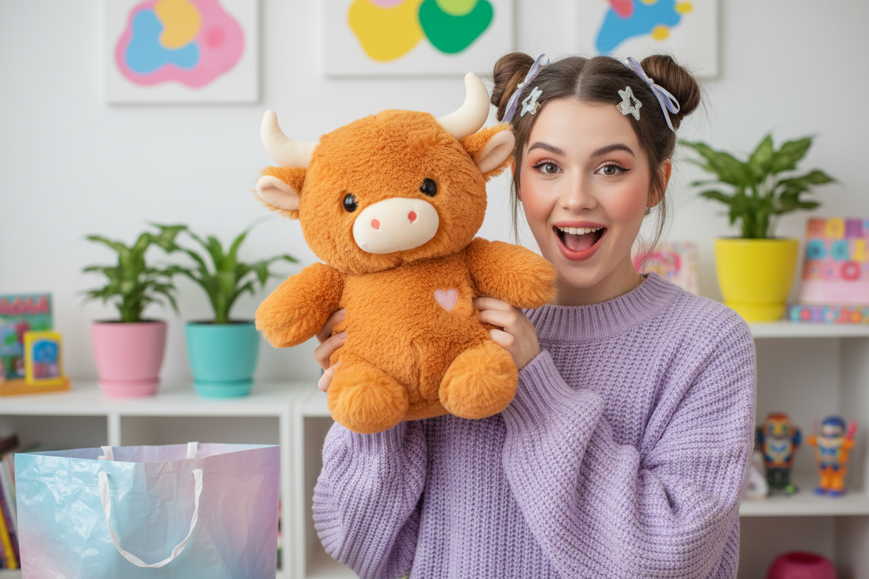Woman holding a plush toy in a room with plants and colorful decorations