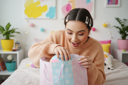Woman opening a gift bag with colorful decorations in the background