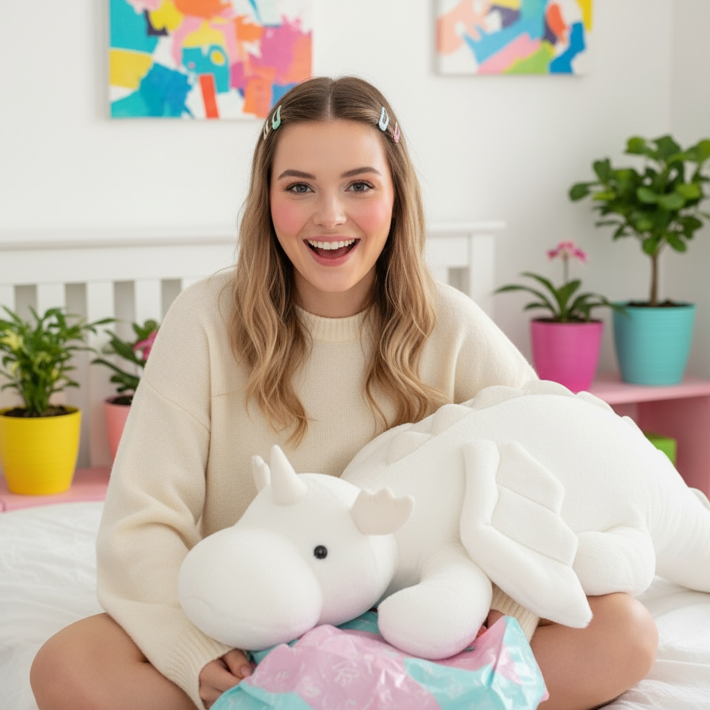 Woman holding a large white plush toy in a room with colorful decor and plants.