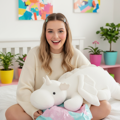 Woman holding a large white plush toy in a room with colorful decor and plants.