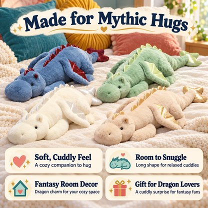 Four dragon plushie colors with benefits for cuddling, lounging, room decor and gifting.