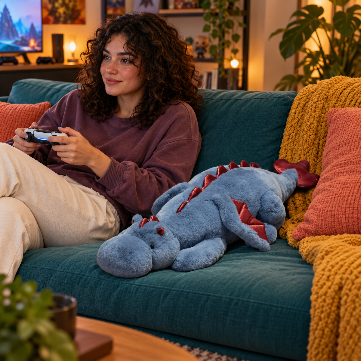 A young woman gaming beside a blue dragon plushie on a teal sofa.