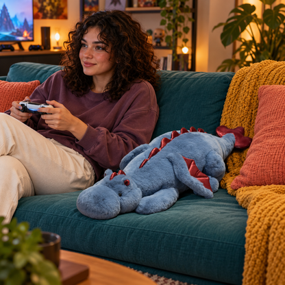 A young woman gaming beside a blue dragon plushie on a teal sofa.
