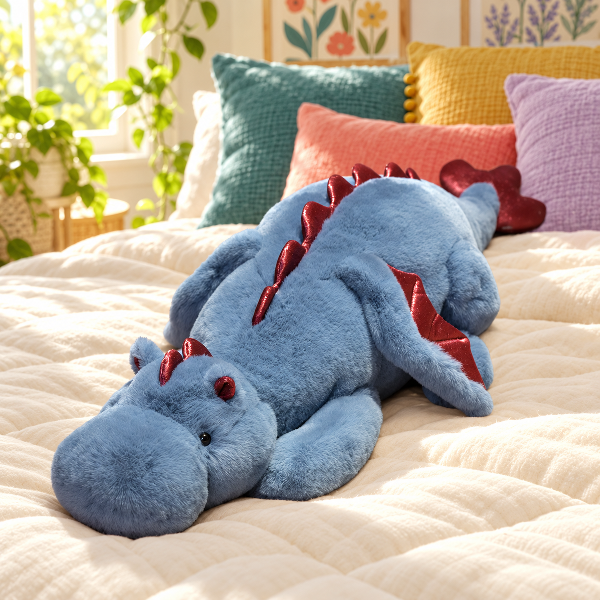 Blue dragon plushie with burgundy shiny accents resting on a colorful bed.