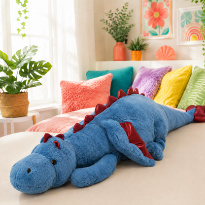 Blue Mythic Hugs giant dragon plushie resting in a colorful bedroom.