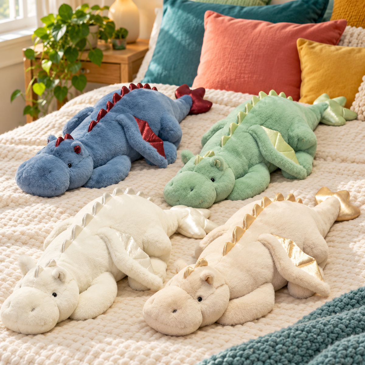Blue, cream-and-gold Pink, Green, and White Mythic Hugs dragon plushies together on a colorful bed.