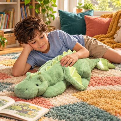 A child cuddling a green dragon plushie on a colorful rug.