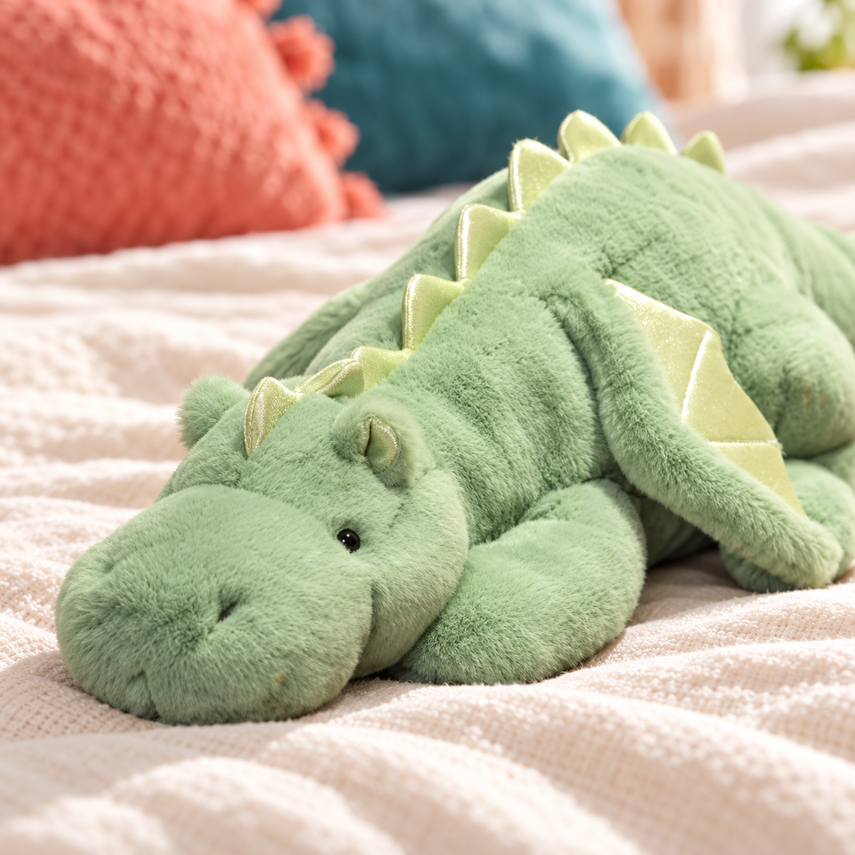 Close-up of the green dragon’s rounded muzzle, bead eye, small horns and natural fur.